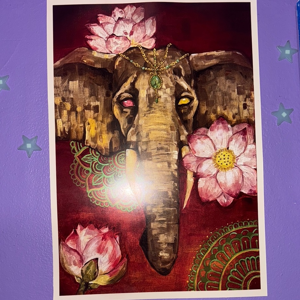 Elephant Art Print with Pink and Green Accents